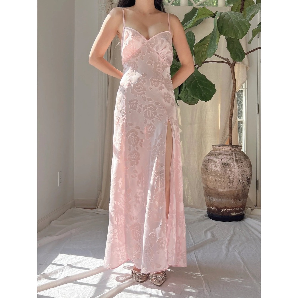 Vintage Victorias Secret Gold Label Pink Floral Burnout Maxi Slip Dress L b5